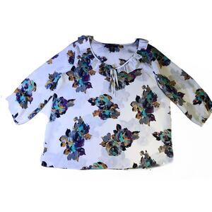 Apostrophe Petites Women's Large Blouse Ruffle Neck White Floral 3/4 Sleeve